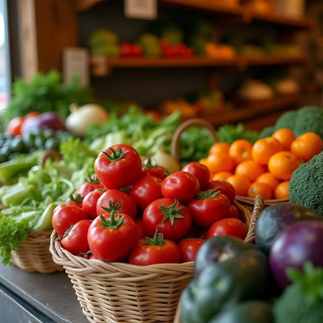 Ceste di verdure fresche e colorate esposte in negozio